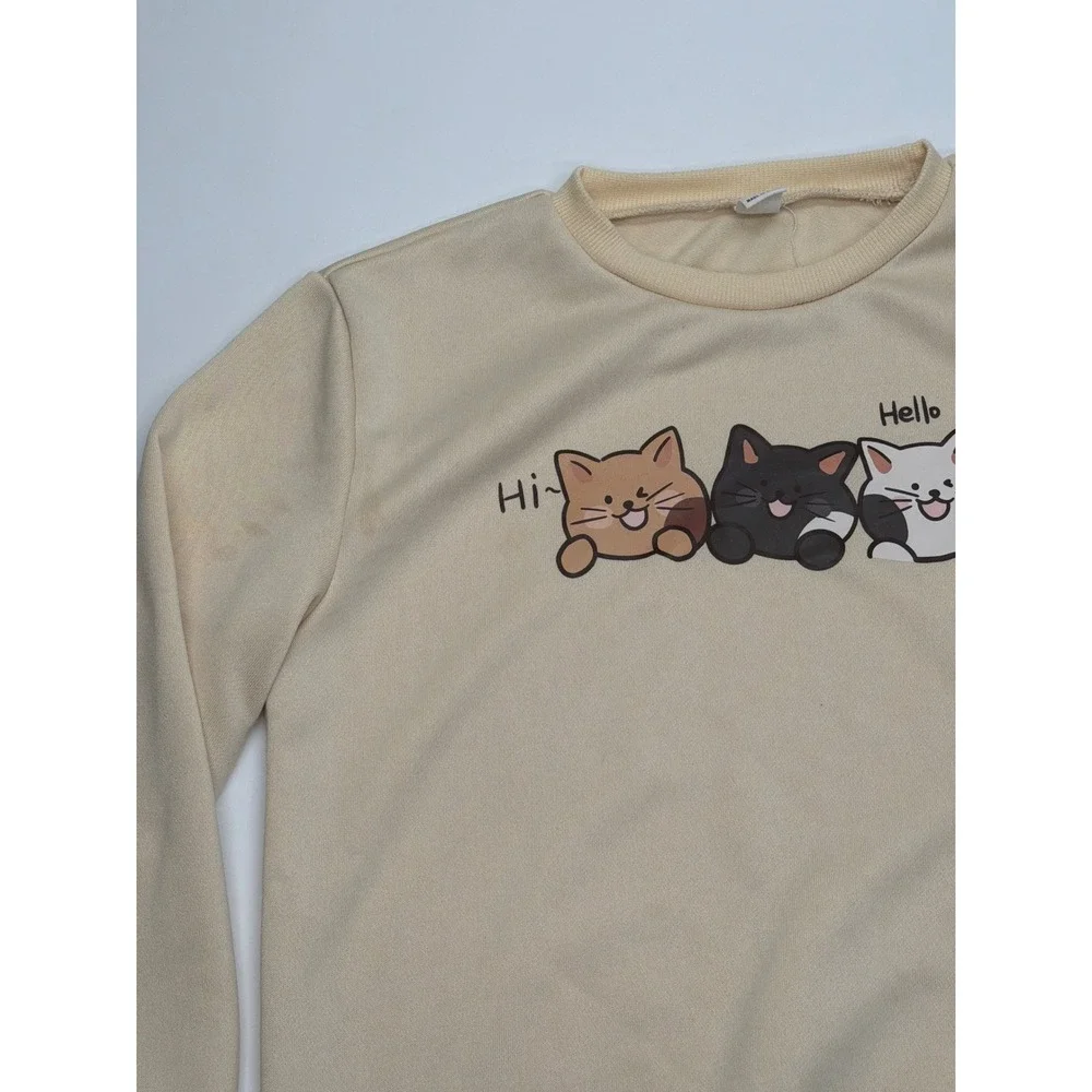 Kids Cream Cartoon Cat Graphic Sweatshirt Long Sleeve Pullover Crewneck 10Y‎